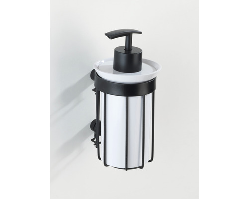 Dozator de săpun montat pe perete, cu cadru metalic negru și recipient alb