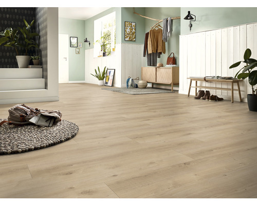 Hol luminos cu podea de lemn, comodă și bancă