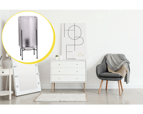 Vază decorativă din sticlă pe suport metalic pentru interior