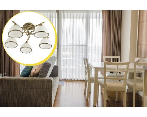 Cameră de zi cu canapea, masă de sufragerie și plafonieră cu cinci lumini