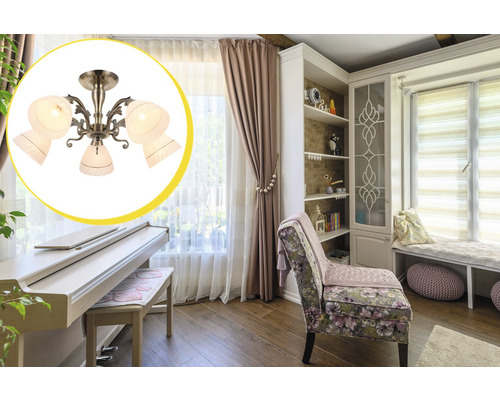 Living cu pian, fotoliu și plafonieră cu cinci lămpi