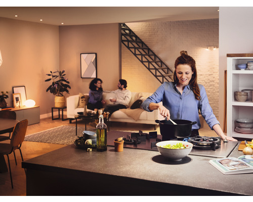 Bucătărie de locuit luminoasă, deschisă, cu o femeie gătind la aragaz și persoane așezate pe canapea în fundal.