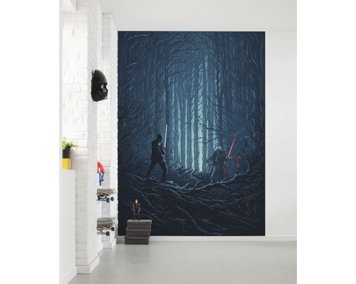 Fototapet cu motiv Star Wars, scenă întunecată cu pădure și săbii laser