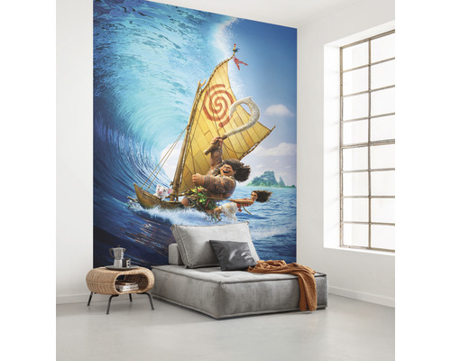 Fototapet cu un motiv din filmul Vaiana, cu Vaiana, Maui și o barcă cu pânze pe un val