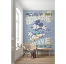Cameră cu un fototapet care îl înfățișează pe Mickey Mouse făcând surf pe un val, cu textul Pacific Coast Surfboards.