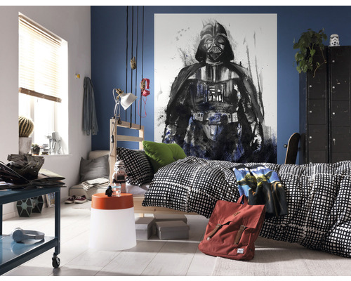 Cameră de tineret cu pictură murală Star Wars, pat și mobilier