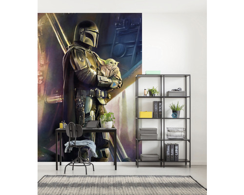 Living decorativ cu pictură murală Star Wars Mandalorian, birou, scaun și raft