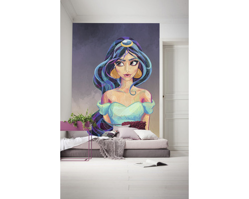 Cameră cu fototapet cu motiv Jasmine, pat și măsuță laterală