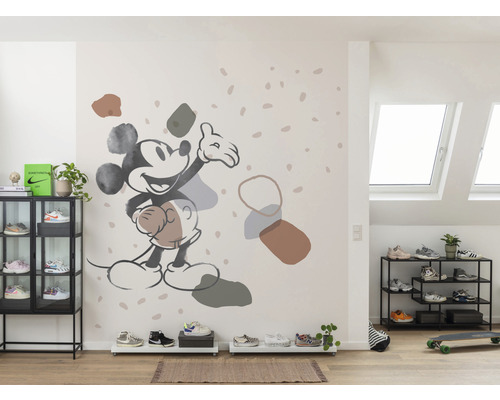 Cameră de zi cu rafturi de pantofi, vitrină și autocolant de perete