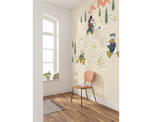 Cameră cu fereastră, scaun și tapet cu personaje de desene animate