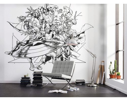 Cameră de zi cu autocolant de perete Marvel Avengers, fotoliu și lampadar