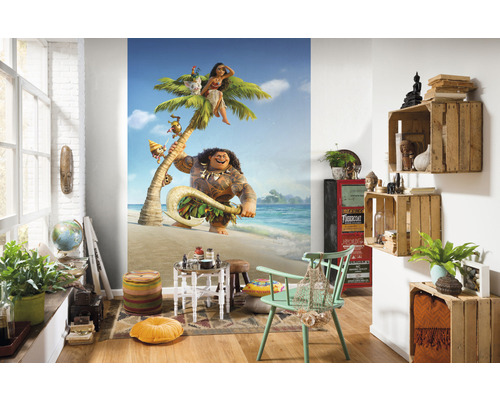 Cameră de zi decorativă cu fototapet cu scene din filmul Vaiana