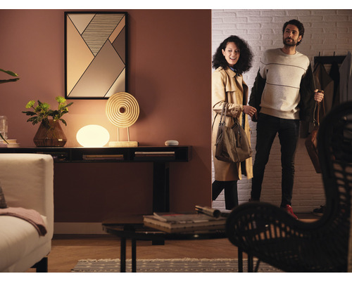 Hol cu lampă de masă, decorațiuni și un cuplu