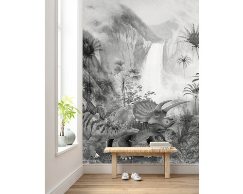 Fototapet alb-negru cu motiv dinozaur într-o cameră cu o bancă și o plantă în ghiveci