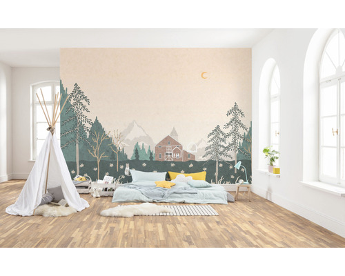 Cameră de copii cu tapet cu pădure, cort de joacă și pat