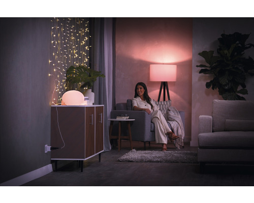 Cameră de zi cu iluminat, comodă, canapea și femeie