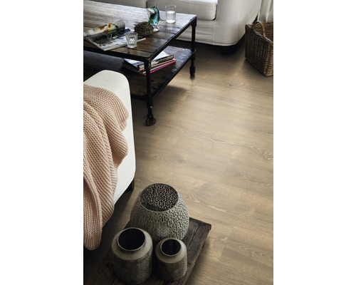 Cameră de zi cu podea laminată, măsuță de cafea și decorațiuni