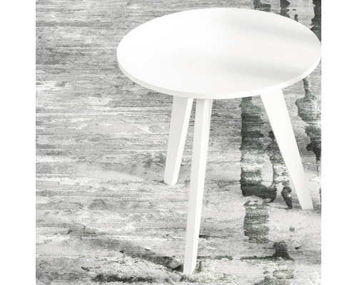Măsuță laterală rotundă albă cu trei picioare.