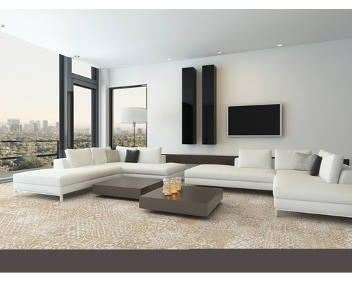 Living luminos cu canapea de colț, măsuțe de cafea și covor cu model