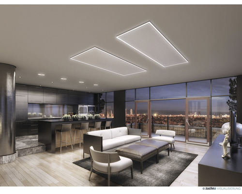 Spațiu de locuit luminos, modern, cu bucătărie deschisă și corpuri de iluminat pentru tavan