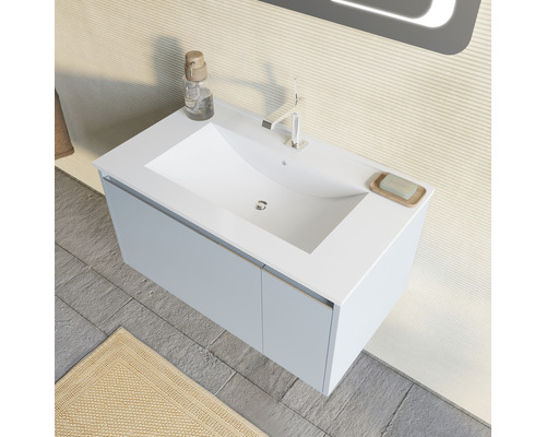 Dulap de bază pentru chiuvetă cu chiuvetă, robinet, dozator de săpun și săpun în baie