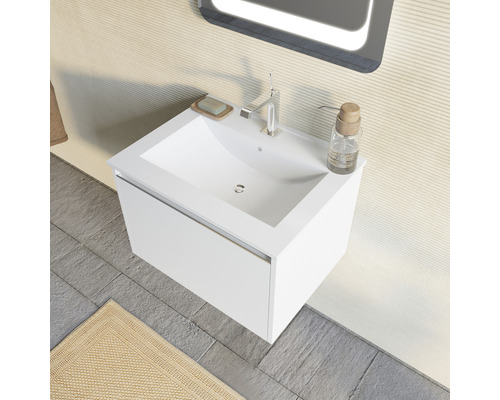 Dulap de bază pentru lavoar cu chiuvetă, robinet, săpun și dozator de săpun în baie