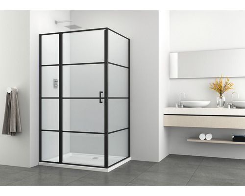 Cabină de duș cu cadru negru într-o baie luminoasă