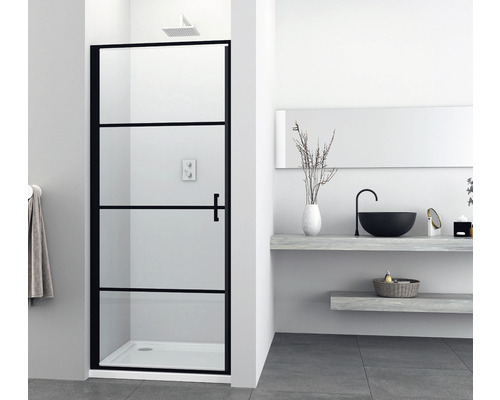 Baie cu cabină de duș din sticlă cu cadru negru, chiuvetă și rafturi