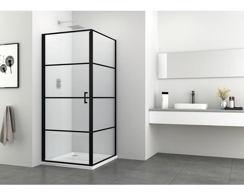 Baie modernă cu cabină de duș cu cadru negru