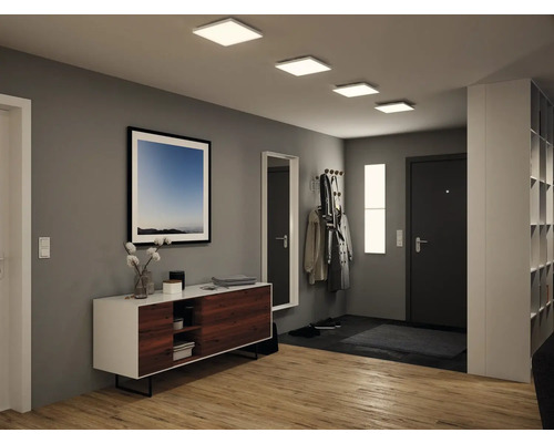 Zona de intrare cu comodă, oglindă, dulap și corpuri de iluminat pentru tavan