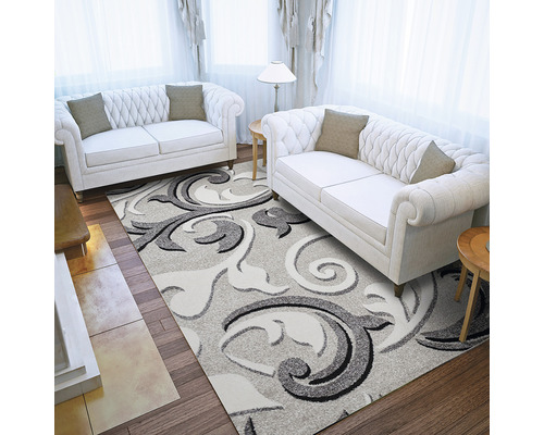 Cameră de zi cu două canapele și covor cu model