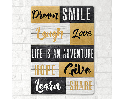 Tablou decorativ de perete cu cuvinte pozitive și aspect de lemn pentru o atmosferă inspirată