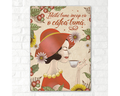 Imagine decorativă cu o femeie care ține o ceașcă de cafea, înconjurată de boabe de cafea și floarea-soarelui