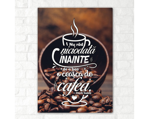 Tablou decorativ de perete cu motiv boabe de cafea și citat inspirațional