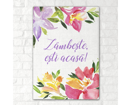 Tablou canvas cu flori și inscripția Zâmbește, ești acasă
