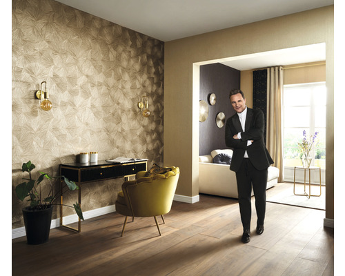 Cameră de zi cu tapet cu model, birou, fotoliu și o persoană