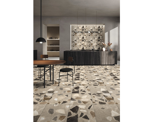 Cameră luminoasă cu gresie cu aspect de terrazzo, masă de dining și insulă de bucătărie