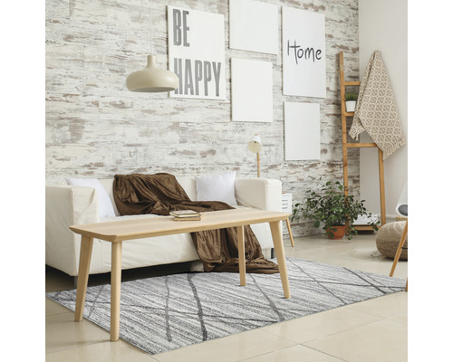 Cameră de zi cu canapea, masă din lemn și covor cu model geometric