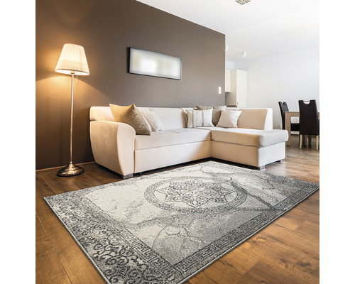 Cameră de zi cu covor cu model, canapea și lampă de podea