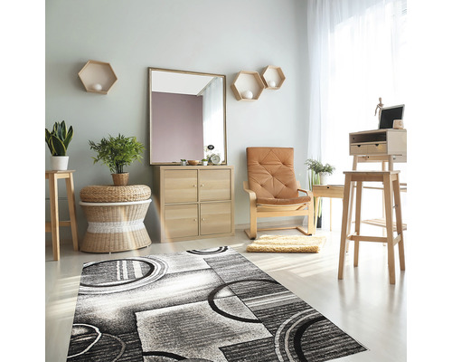 Living cu covor, fotoliu, oglindă și rafturi