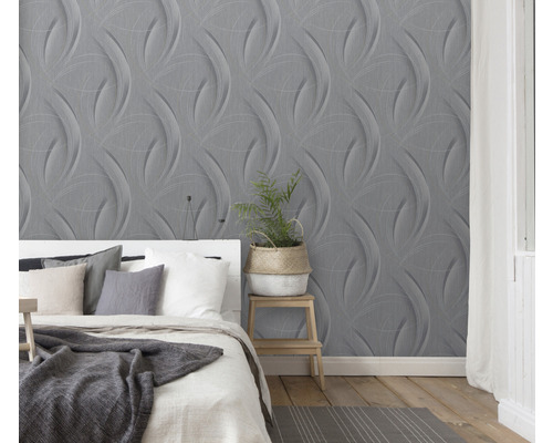 Dormitor cu tapet tridimensional gri și pat alb