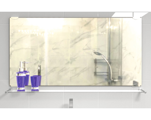 Oglindă dreptunghiulară cu raft de sticlă și accesorii de baie