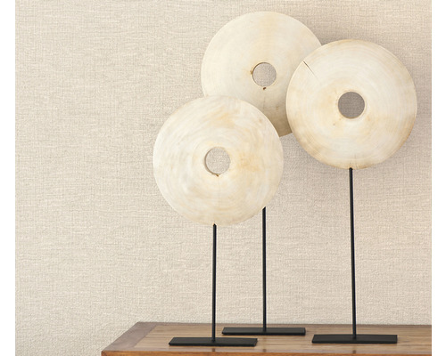 Discuri decorative din lemn pe suporturi metalice pe o masă