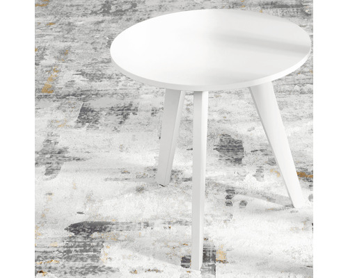 Măsuță rotundă albă cu trei picioare.
