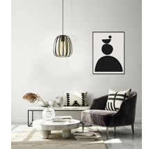 Living cu lampă suspendată, fotoliu, măsuță de cafea și decorațiuni