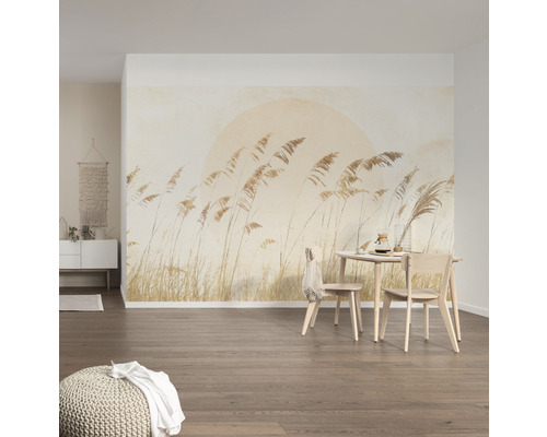 Cameră de zi cu fototapet, masă și scaune