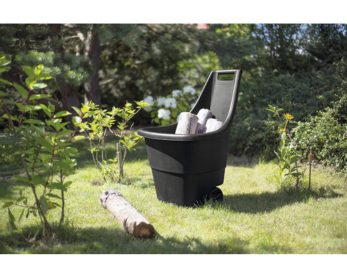 Cărucior de grădină cu brichete de cărbune în grădină