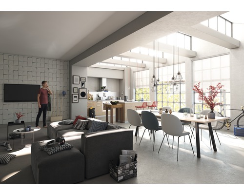 Living luminos cu canapea, masă, scaune și bucătărie deschisă