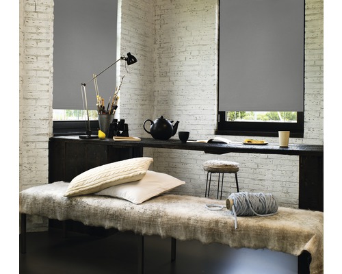 Cameră decorativă cu jaluzele rulou gri la ferestre și o masă cu diverse obiecte.