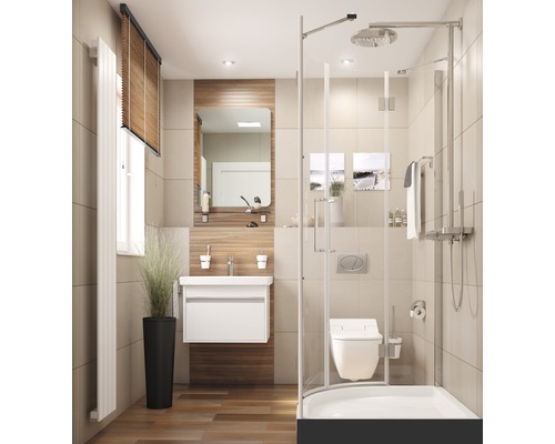 Baie cu chiuvetă, oglindă, duș și toaletă.